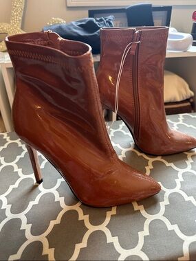 Catherine Malandrino Brown Patent Pointed-Toe Stiletto Booties